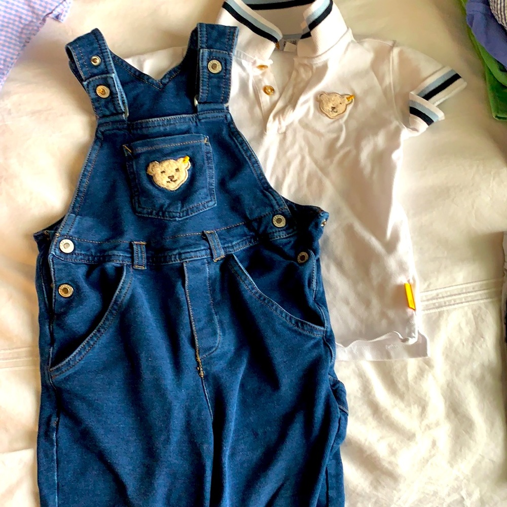 Germany- Steiff matching set. Overalls and polo. Overalls are a stretchy denim.